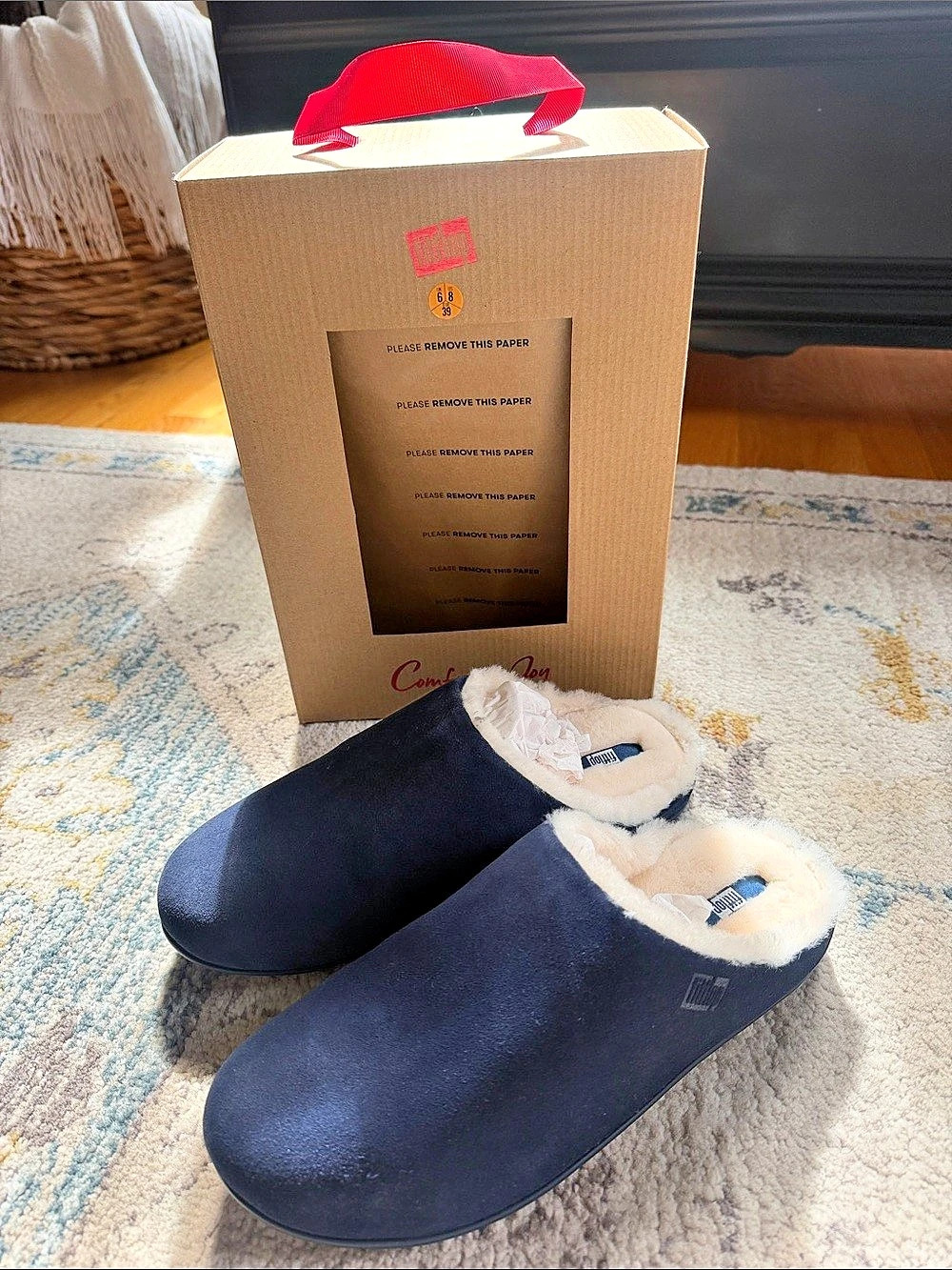 Brand New FitFlop Chrissie Shearling Suede Slippers Navy Size 8